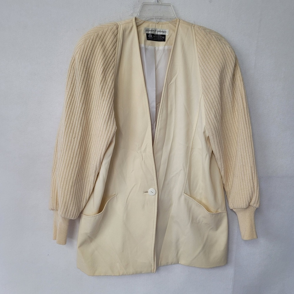 Eleanor P Brenner Cream‎ Ribbed Knit Sleeve Jacket 100% Wool Womens 10 Vintage